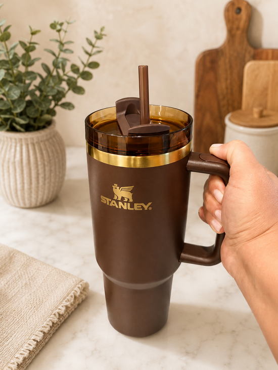 Brown 40 oz Insulated Tumbler with Handle, Straw & Leak-Resistant Lid