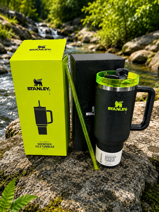Black & Green 40 oz Quencher H2.0 Insulated Tumbler with Handle & Straw
